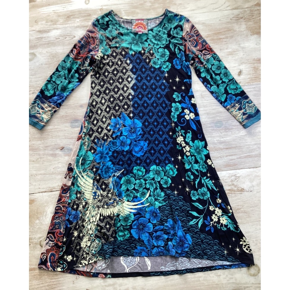 Johnny Was Bamboo Floral Crane Print Long Sleeve Dress XS Luxury Colorful Boho